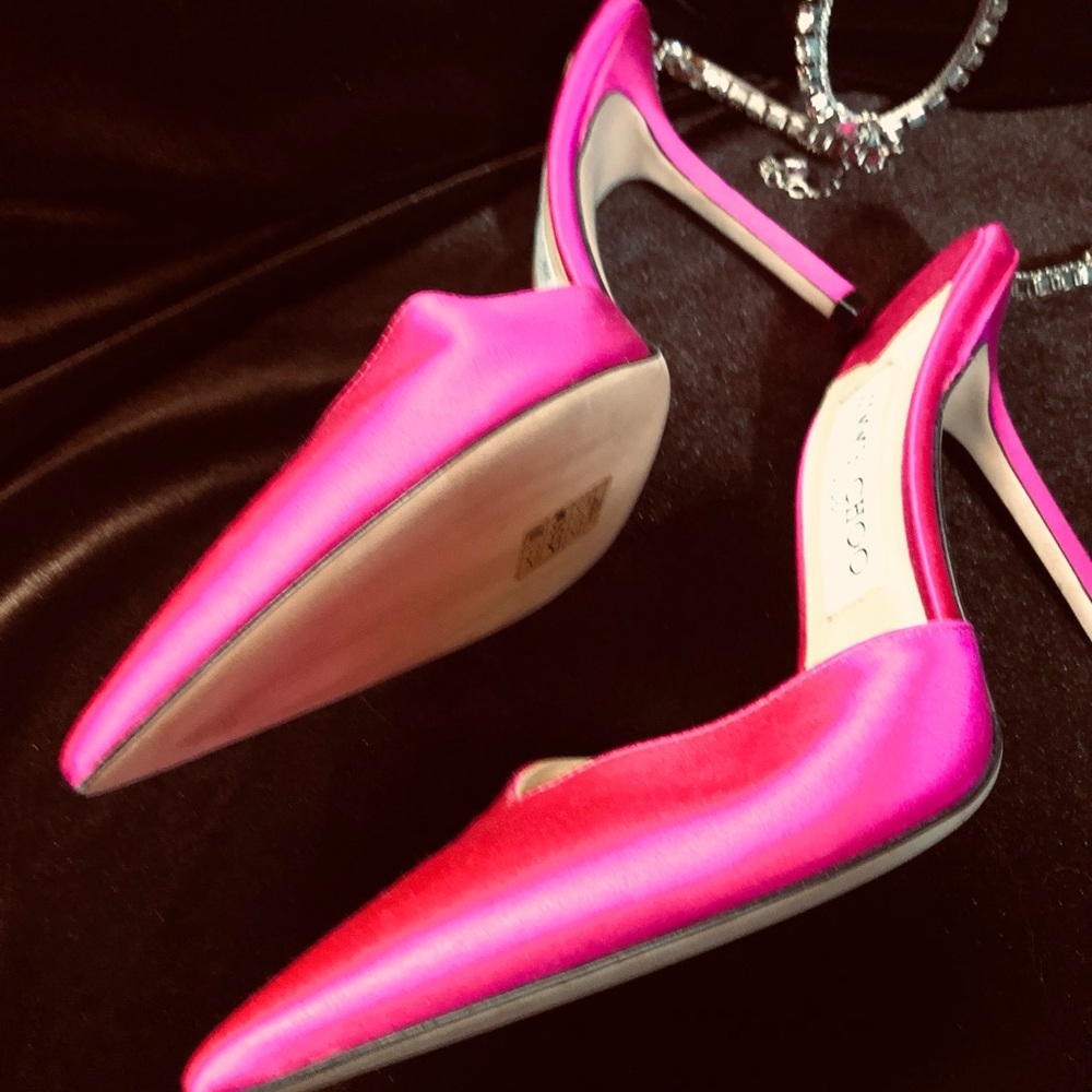 Jimmy Choo Fuchsia Satin Jeweled Slingback Mules - Picture 3 of 11